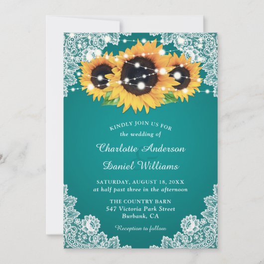 Chic Blauwgroen Sunflower Wedding Kaart (Voorkant)