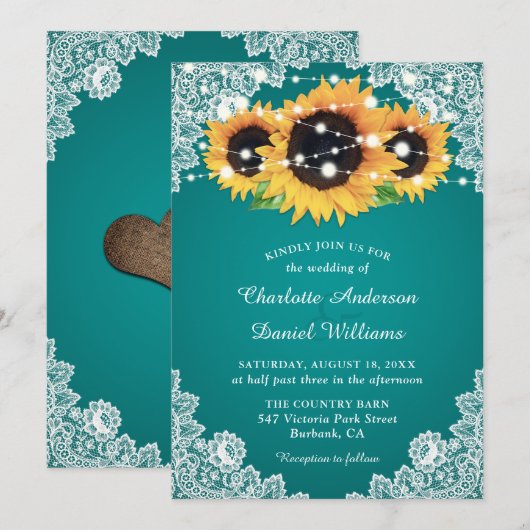 Chic Blauwgroen Sunflower Wedding Kaart (Voorkant / Achterkant)