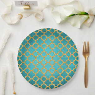 Chic Blauwgroen Turquoise Moroccan Quatrefoil Patt Papieren Bordje