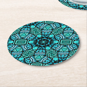 Chic Blauwgroen Turquoise Retro Oriental Mosaic Pa Ronde Kartonnen Onderzetter