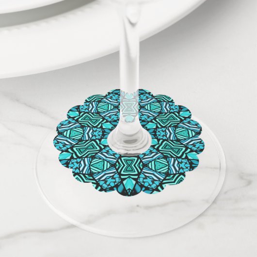 Chic Blauwgroen Turquoise Retro Oriental Mosaic Pa Wijnglaslabel (Dichtbij)