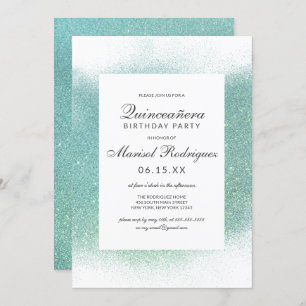 Chic Blauwgroen White Glitter Dust Border Quinceañ Kaart