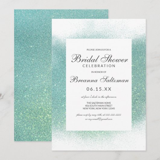 Chic Blauwgroen White Glitter Dust Border Vrijgeze Kaart (Voorkant / Achterkant)