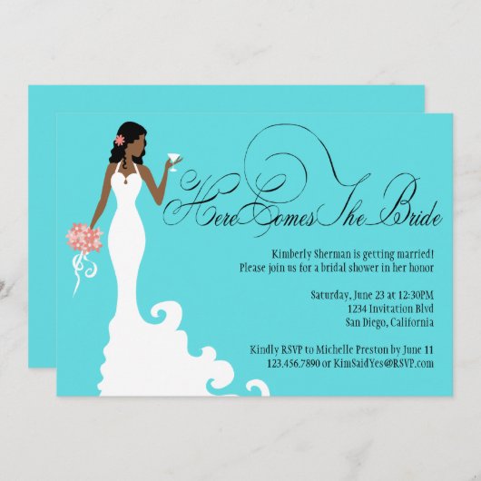 Chic Blauwgroen zwart koraal Hier komt de Bride Kaart (Voorkant / Achterkant)