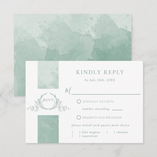Chic Bleek Green Waterverf Wedding Monogram RSVP Kaartje (Voorkant / Achterkant)