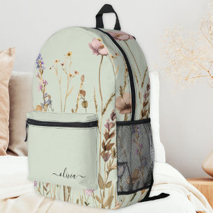 Chic Bloemen Patroon Custom Script Naam Sage Green Bedrukte Rugzak