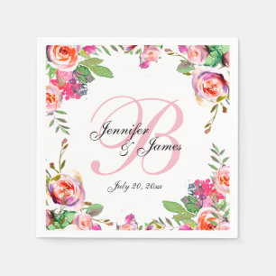 Chic  Bloemen Roze Monogram Huwelijk Servet
