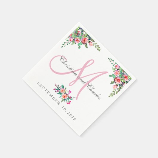 Chic Bloemen Roze Monogram Trouwpapier Servetten (Hoek)