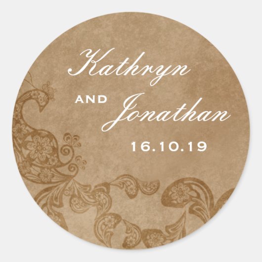  Chic Bloemen Rusti Peacock Bohemian Bruiloft Ronde Sticker (Voorkant)