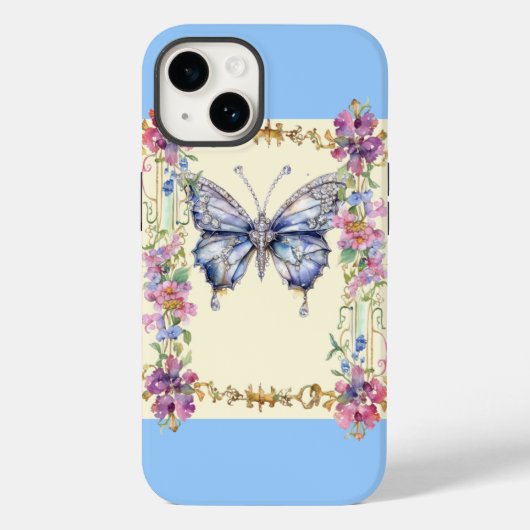 Chic  Bloemen Vlinder iPhone 14 Hoesje Blauw (Achterkant)
