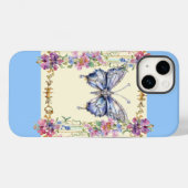 Chic  Bloemen Vlinder iPhone 14 Hoesje Blauw (Achterkant (horizontaal))