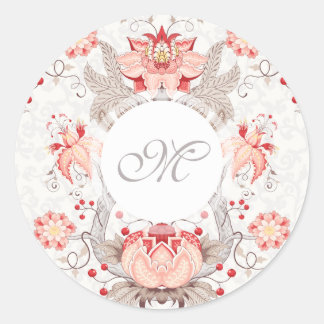 Chic  Bloempatroon Damask Monogram Stick Ronde Sticker