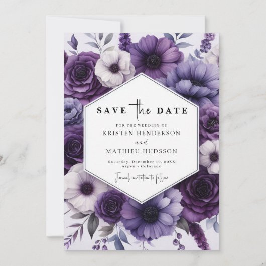 Chic Bloom Paarse Bloemen Huwelijk Save The Date (Voorkant)