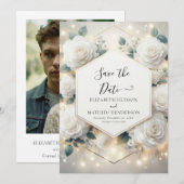 Chic Bloom Witte Rozen bruiloft Save The Date (Voorkant / Achterkant)