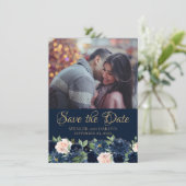 Chic Blooms | Donker Navy Blue Blush Pink 2 Foto Save The Date (Staand voorkant)