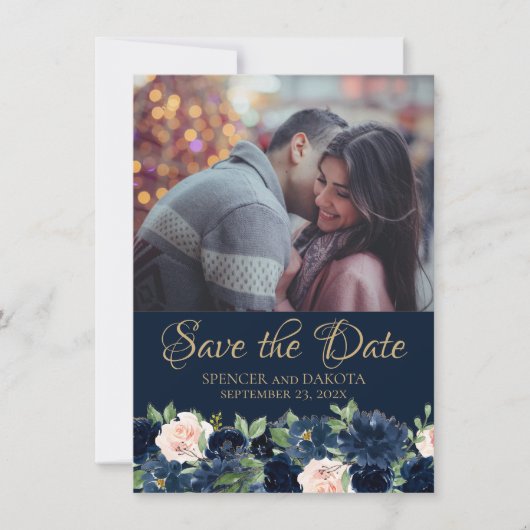 Chic Blooms | Donker Navy Blue Blush Pink 2 Foto Save The Date (Voorkant)