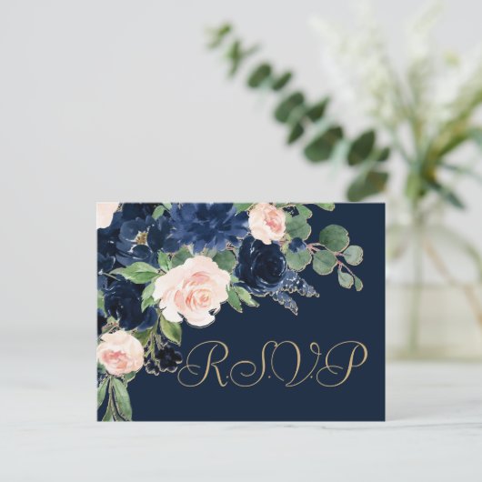 Chic Blooms | Donker Navy Blue en Blush Pink Entre Briefkaart (Staand voorkant)