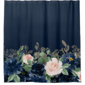 Chic Blooms | Donker Navy Blue en Blush Pink Rose Douchegordijn (Voorkant)