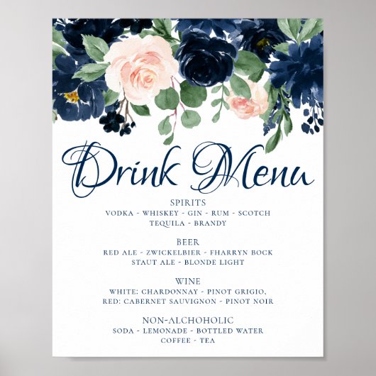 Chic Blooms | Navy Blauwe en Blozende Roze Drankka Poster (Voorkant)