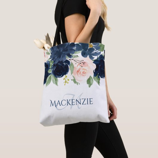 Chic Blooms | Navy Blue en Blush Pink Rose Custom Tote Bag (Dichtbij)