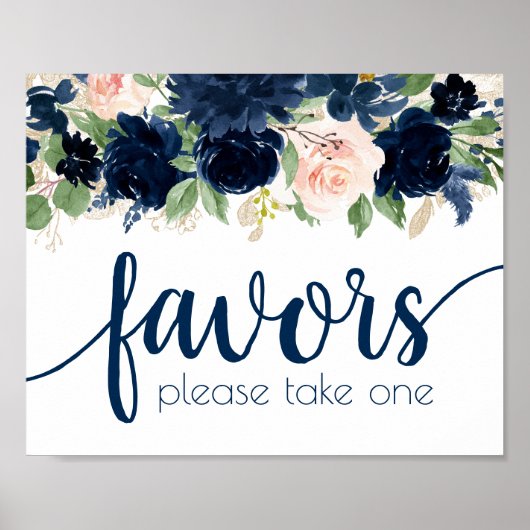Chic Blooms | Navy en Blush Bloemen Bruiloftsfavor Poster (Voorkant)