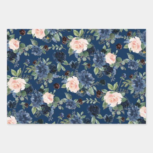 Chic Blooms | Navyblauw en Blush Bloemenpatroon Inpakpapier Vel (Voorkant 3)