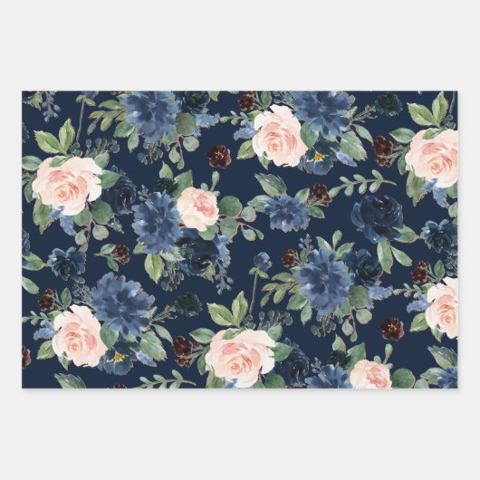Chic Blooms | Navyblauw en Blush Bloemenpatroon Inpakpapier Vel (Voorkant 2)
