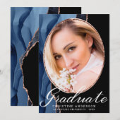 Chic Blue Agate Roos Gold Glitter Photo Afstuderen Aankondiging (Voorkant / Achterkant)