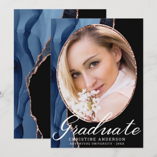 Chic Blue Agate Roos Gold Glitter Photo Afstuderen Aankondiging (Voorkant / Achterkant)