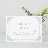 Chic Blue and White Maid of Honor Proposal Card Bedankkaart (Staand voorkant)