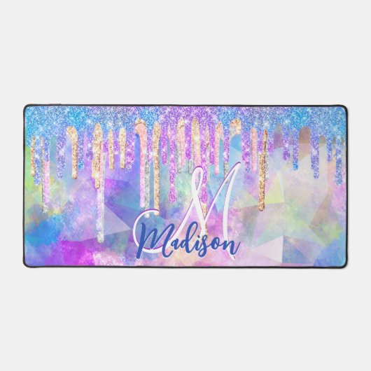 Chic blue aqua unicorn dripping glitter monogram bureaumat (Voorkant)