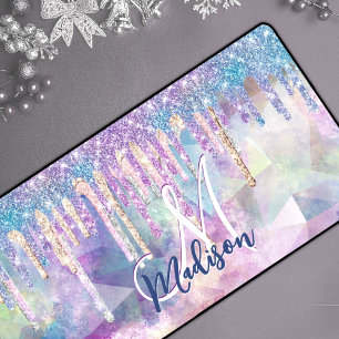 Chic blue aqua unicorn dripping glitter monogram bureaumat