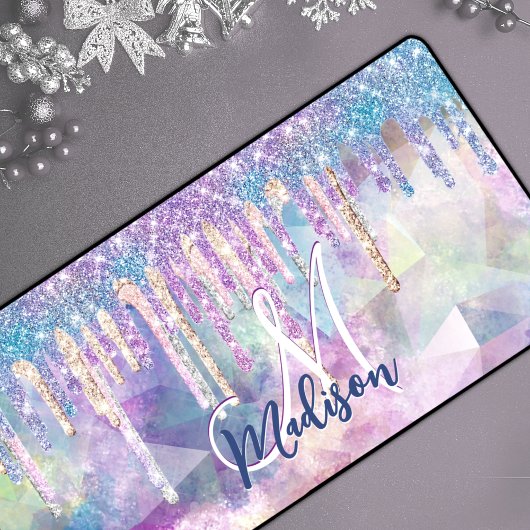 Chic blue aqua unicorn dripping glitter monogram bureaumat