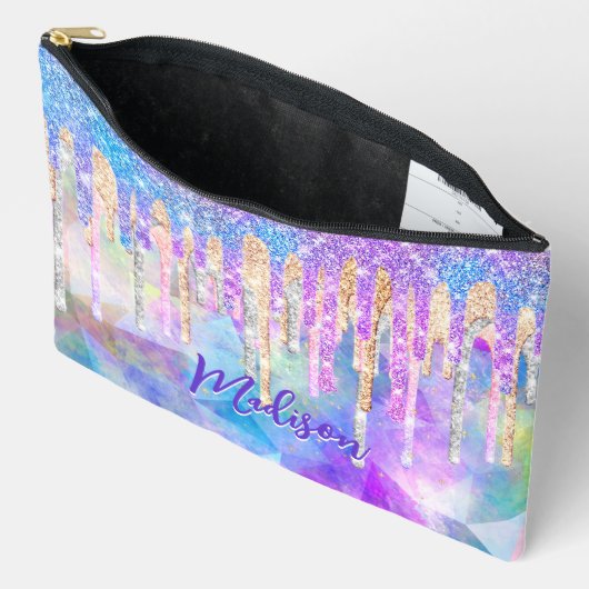 Chic blue aqua unicorn dripping glitter monogram etui (Open)