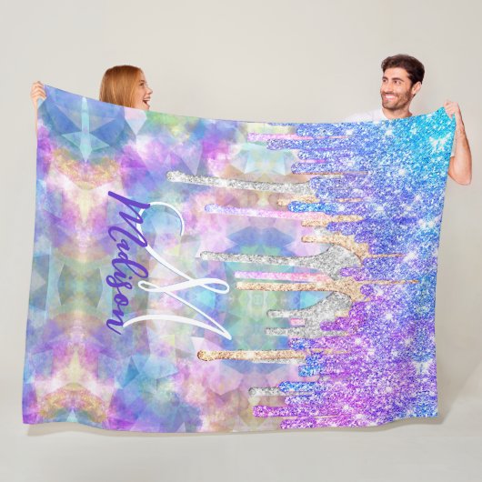 Chic blue aqua unicorn dripping glitter monogram fleece deken (In situ)