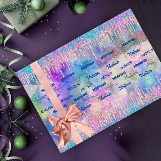 Chic blue aqua unicorn dripping glitter monogram inpakpapier vel