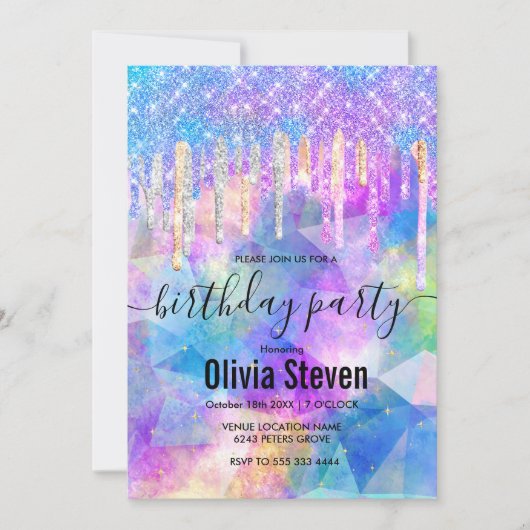 Chic blue aqua unicorn dripping glitter monogram kaart (Voorkant)