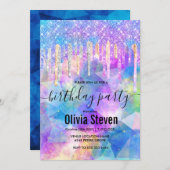 Chic blue aqua unicorn dripping glitter monogram kaart (Voorkant / Achterkant)