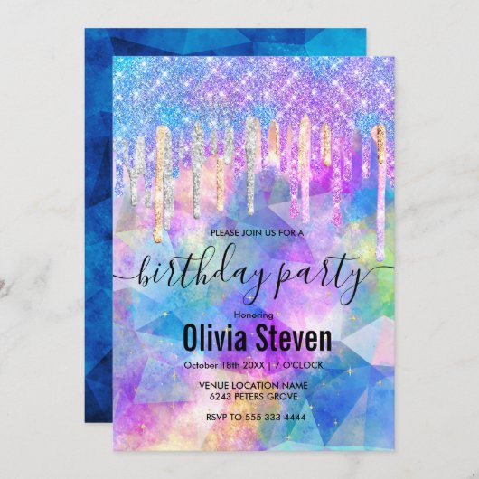 Chic blue aqua unicorn dripping glitter monogram kaart (Voorkant / Achterkant)