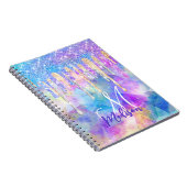 Chic blue aqua unicorn dripping glitter monogram notitieboek (Rechterzijde)
