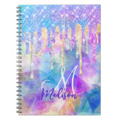 Chic blue aqua unicorn dripping glitter monogram notitieboek (Voorkant)