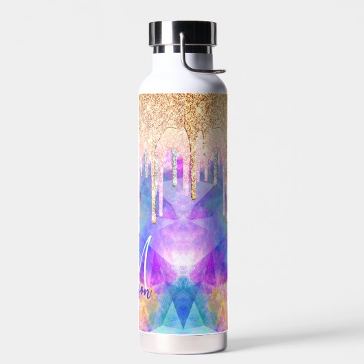 Chic blue aqua unicorn dripping glitter monogram waterfles (Links)