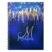 Chic blue aqua unicorn gold glitter druppelt monog notitieboek (Voorkant)