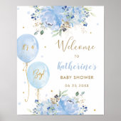 Chic Blue Balloons Floral Boy Baby shower Welkom Poster (Voorkant)