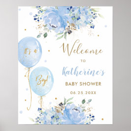 Chic Blue Balloons Floral Boy Baby shower Welkom Poster