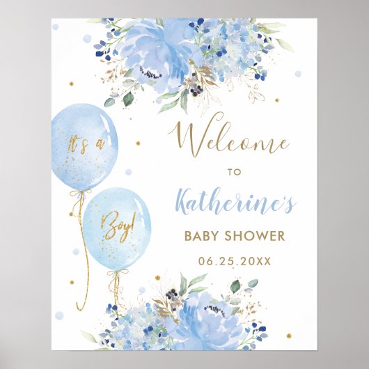 Chic Blue Balloons Floral Boy Baby shower Welkom Poster (Voorkant)