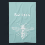 Chic Blue Bee Happy Theedoek<br><div class="desc">fijn inspirerend geluk blauw wit simpel</div>