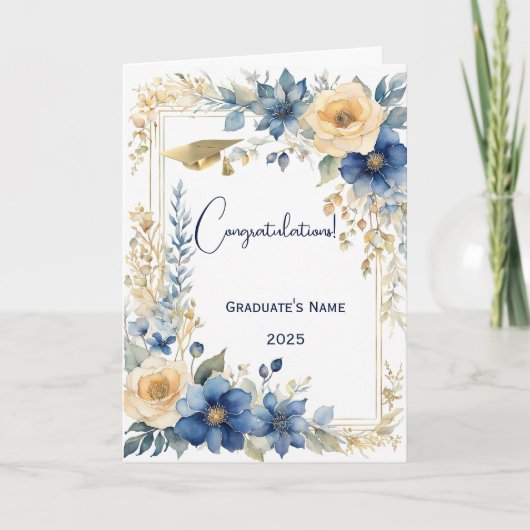 Chic Blue Beige Flower Gepersonaliseerd Afstuderen Kaart (Voorkant)