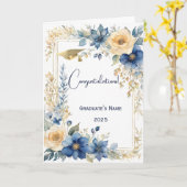 Chic Blue Beige Flower Gepersonaliseerd Afstuderen Kaart (Gele Bloem)