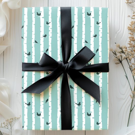 Chic Blue Birch Trees and Birds  Cadeaupapier